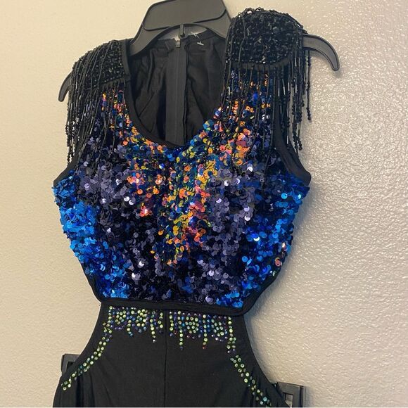 Glamour solo dance costume black sequin unitard rhinestone embellished SA adult - Picture 3 of 14